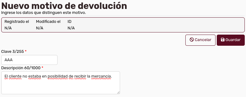 *MDevoluciónNuevoMotivoDatos