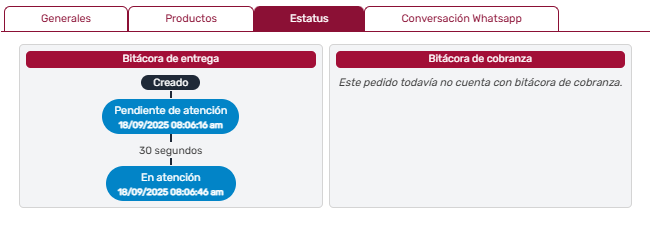 Pestaña Estatus del Pedido