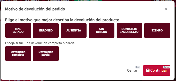 Modal Motivo Devolución