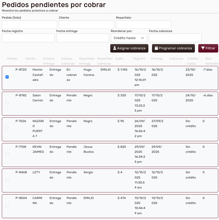 Pantalla Cobranza Pedidos