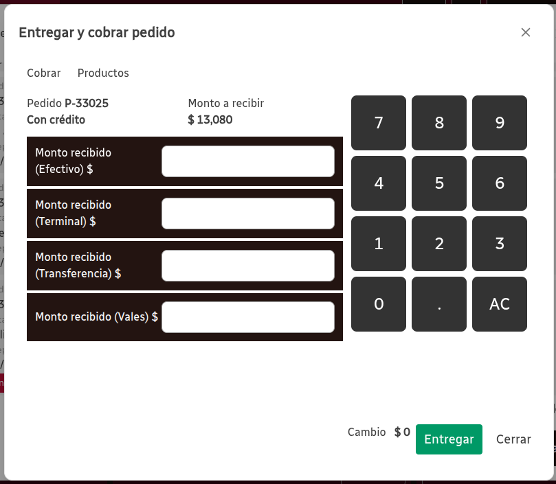 Modal Entregar y Cobrar Pedido